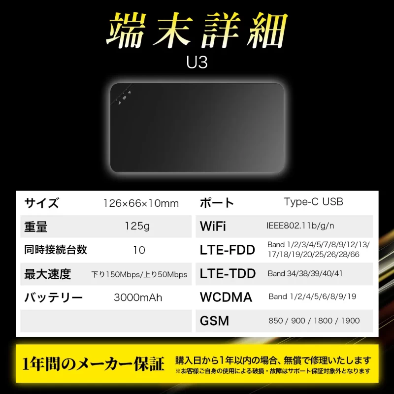 CHEETAH WiFi U3　チーターWiFi U3　【リユースB品：キズ、スレ少々あり】